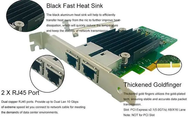Alt view image 5 of 5 - 10Gb PCIe x8/x16 Converged Ethernet Network Card, Copper RJ45 Ports LAN Card NIC with Intel X540 Controller Server Support Windows Server/Windows/Linux/Vmware ESXI (X540-AT2 (RJ45 Port x 2))