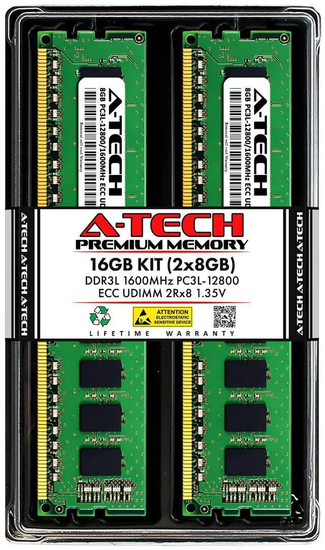 Main image of A-Tech Server 16GB Kit (2 x 8GB) 2Rx8 PC3L-12800E DDR3 1600MHz ECC Unbuffered UDIMM 240-Pin Dual Rank DIMM 1.35V Workstation Server Memory RAM Upgrade Stick Modules (A-Tech Enterprise Series)