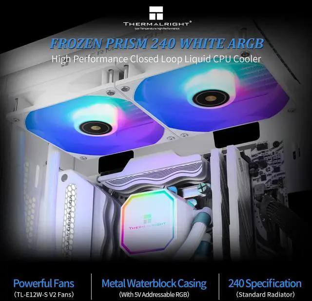 Alt view image 2 of 5 - Thermalright Frozen Prism 240 White ARGB AIO Water Cooler,Liquid CPU Cooler, 2×120mm PWM Fans Water Cooling System,1850RPM High Speed,Compatible with AMD/AM4/AM5 & Intel LGA1150/1151/1200/2011/1700