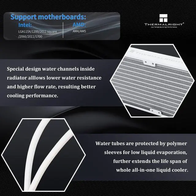 Alt view image 3 of 5 - Thermalright Frozen Prism 240 White ARGB AIO Water Cooler,Liquid CPU Cooler, 2×120mm PWM Fans Water Cooling System,1850RPM High Speed,Compatible with AMD/AM4/AM5 & Intel LGA1150/1151/1200/2011/1700