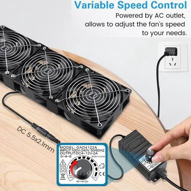 Alt view image 4 of 5 - GDSTIME 3x 120mm Computer Fan with AC Plug,110V to 240V Variable Speed Controller High CFM 360mm Server Rack Fan for Window Exhaust Grow Tent Crawl Space Garage Ventilation Electronics Cabinet Cooling