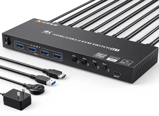 Main image of USB 3.0 KVM Switch HDMI 4 Port Support 4K@60Hz 2K@120Hz Simulation EDID,MLEEDA HDMI USB Switch for 4 Computers Share 1 Monitor and 4 USB 3.0 Port,with Desktop Controller and KVM Cables