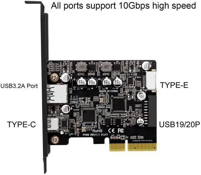 Alt view image 5 of 5 - PCIe to USB 3.2 Gen 2 Card, 10Gbps PCI Express Expansion Card with USB Type A, Type C and Front Type E Ports, USB Type C PCI Express Card for Desktop Computer