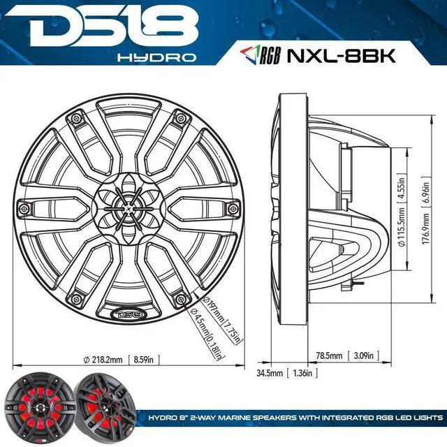 Alt view image 3 of 5 - DS18 NXL8 White Marine Speaker - 8", 2-Way, 375W Max, 125W RMS, 100% UV Stable, IP65 Marine Grade Specs, 4 Ohms, Integrated RGB LED Lighting - For All Elements, UTV, ATV & Jeeps (2 Speakers)
