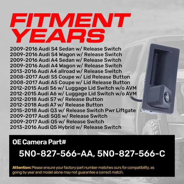 Alt view image 4 of 5 - Master Tailgaters Replacement for Audi A4/S4 (09-16), A5/S5 (08-17), A6/S6 (12-15), A7/S7 (12-18), Q3 (15-18), Q5/SQ5 (09-17)+Hybrid (13-16) Backup Camera OE Part # 5N0-827-566-AA, 5N0-827-566-C