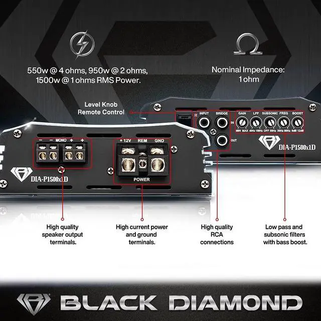 Alt view image 3 of 5 - Black Diamond DIA-P1500x1D Car Audio Amplifier Class D 1 Channel Monoblock Amp 1500 Watts RMS, Remote Level Control Included