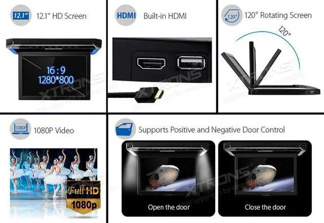 Alt view image 2 of 5 - XTRONS® 12.1 Inch Car Overhead Player Roof Mounted Monitor HDMI Port with 120° MAX Open Angle (No DVD)