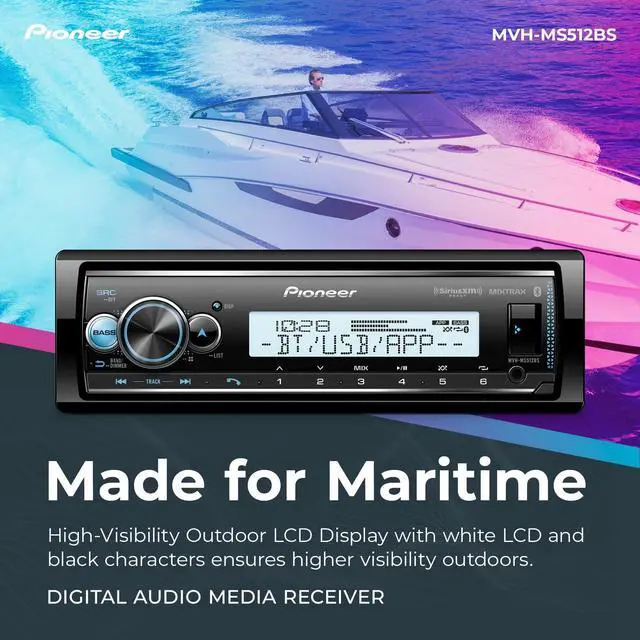 Alt view image 2 of 5 - Pioneer MVH-MS512BS Marine Digital Media Receiver  Bluetooth, SiriusXM, USB, FLAC, Conformal Coating, Color Change, White Display for Outdoor, AM/FM Radio, Hi-Volt RCA, iPhone/Android Compatible