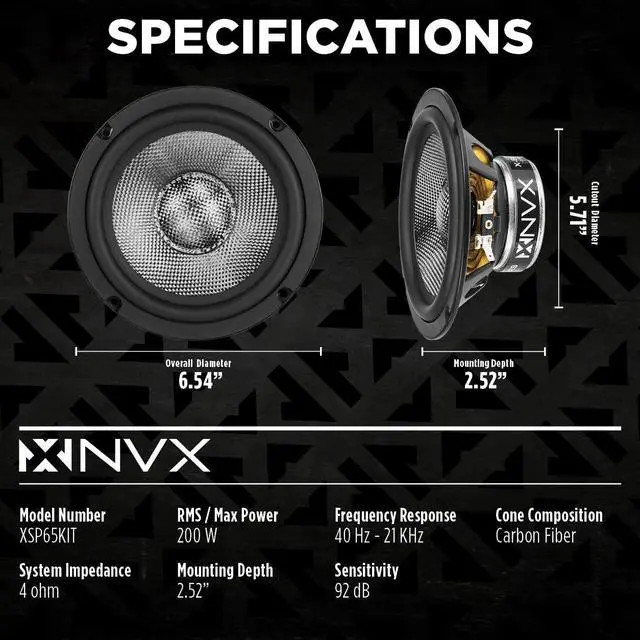 Alt view image 3 of 5 - NVX® XSP65KIT 6.5" Car Speakers, 600W Max, 200W RMS, 2-Way 6-1/2 inch Component System w/ 1" Silk Dome Tweeters & Passive X-Overs, Easy to Install in Cars/Trucks/Doors (Pair)