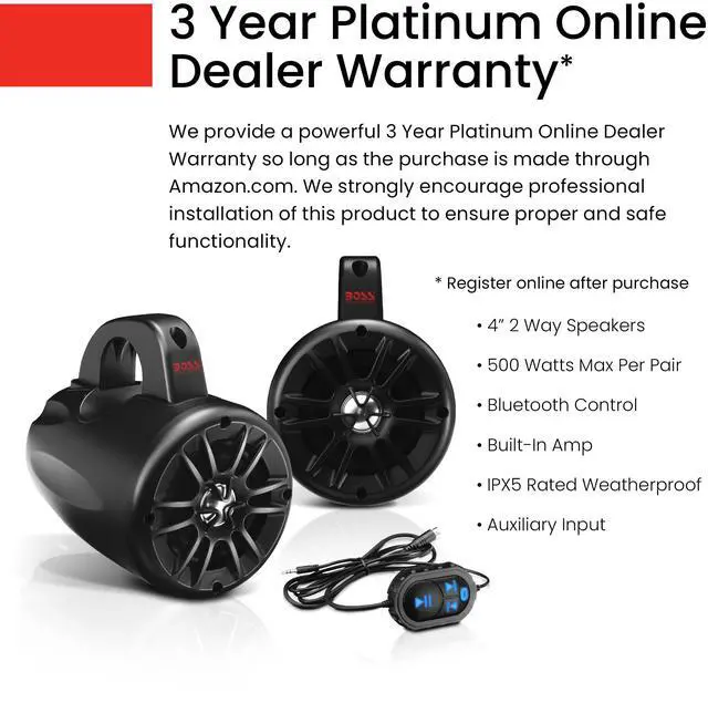 Alt view image 3 of 5 - BOSS Audio Systems BM40AMPBT ATV UTV Waketower Speaker System - Bluetooth, 500 Watts of Power Per Pair, 4 Inch Woofer, Full Range, 2 Way, Marine grade, Weatherproof, Sold in Pairs