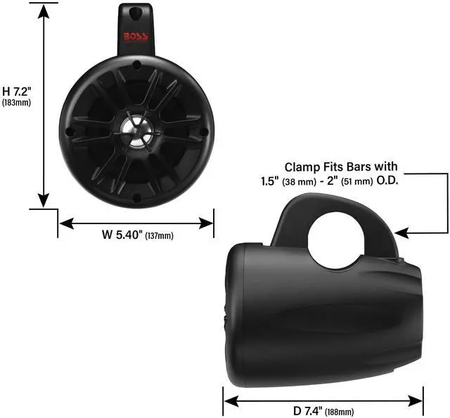 Alt view image 5 of 5 - BOSS Audio Systems BM40AMPBT ATV UTV Waketower Speaker System - Bluetooth, 500 Watts of Power Per Pair, 4 Inch Woofer, Full Range, 2 Way, Marine grade, Weatherproof, Sold in Pairs