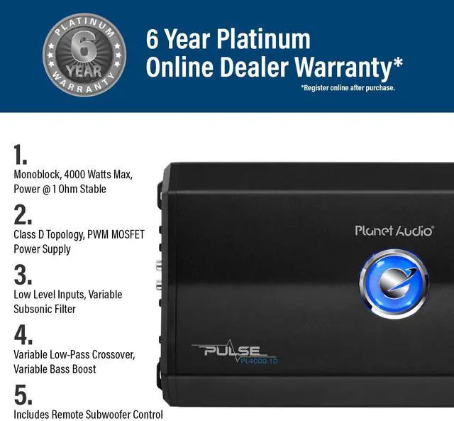Alt view image 3 of 5 - Planet Audio PL4000.1D Pulse Series Class D Monoblock Car Amplifier  4000 High Output, 1 Ohm Stable, Low Level Inputs, Low Pass Crossover, MOSFET, Hook Up to Subwoofer for Bass