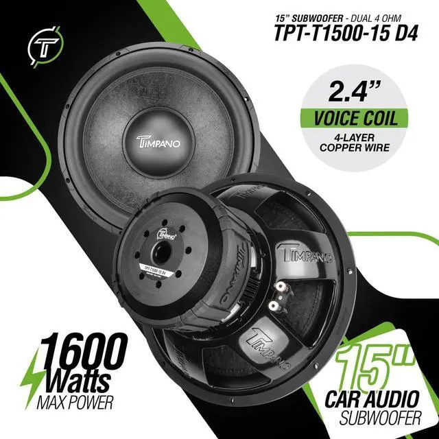 Alt view image 2 of 5 - Timpano 15 Inch Subwoofer D4 1600 Watts Max Power Dual 4 Ohm, 15 Subwoofer Speaker 16 mm Xmax, TPT-T1500-15 D4, 2.6 in Voice Coil, Double Stacked Magnet Sub Woofer for Car Audio Systems (Single)