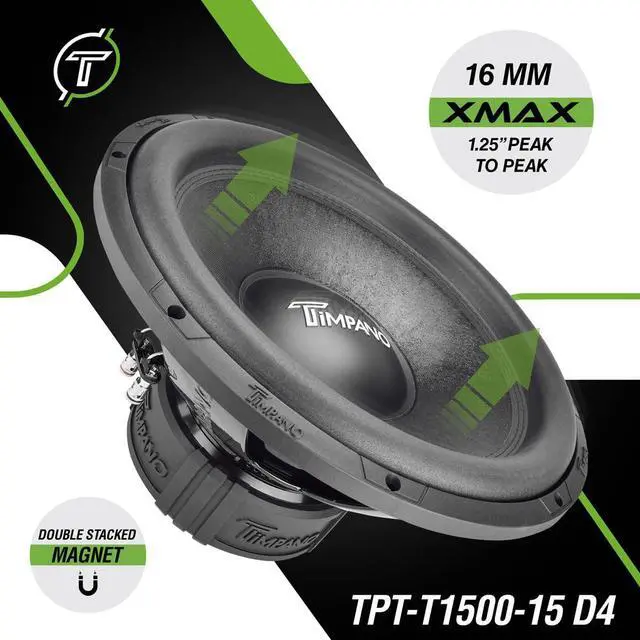 Alt view image 4 of 5 - Timpano 15 Inch Subwoofer D4 1600 Watts Max Power Dual 4 Ohm, 15 Subwoofer Speaker 16 mm Xmax, TPT-T1500-15 D4, 2.6 in Voice Coil, Double Stacked Magnet Sub Woofer for Car Audio Systems (Single)
