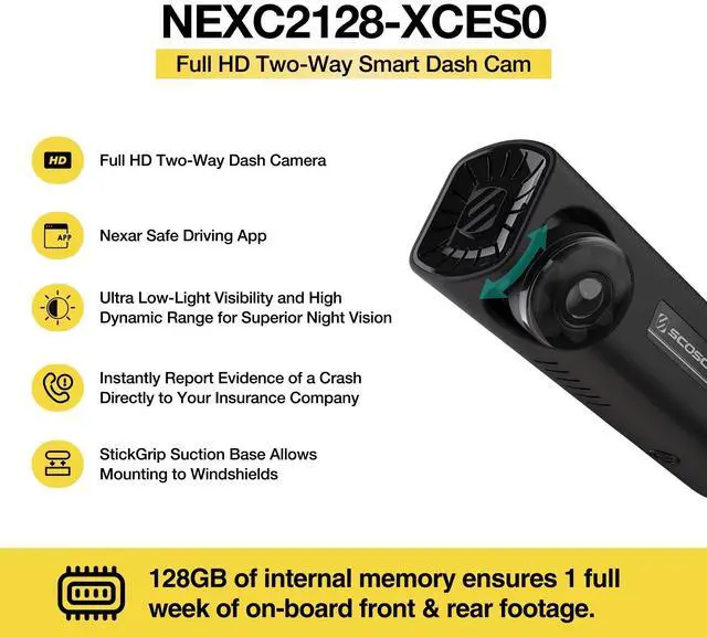 Alt view image 2 of 4 - Scosche NEXC2128-XCES0 Full HD Two-Way Smart Dash Cam Powered by Nexar with Suction Cup and 128GB Memory