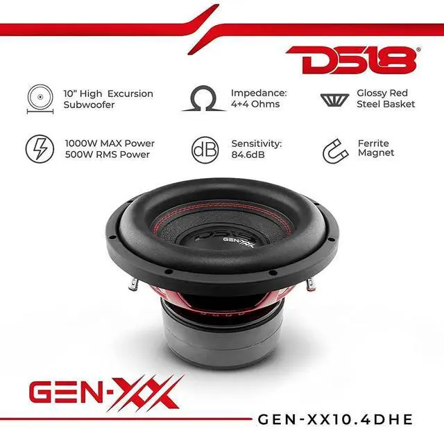 Alt view image 5 of 5 - DS18 GEN-XX10.4DHE 10" High Excursion Car Subwoofer 1000 Watts Max Dual Voice Coil 4+4 Ohms (1 Speaker)