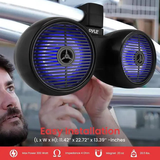 Alt view image 5 of 5 - Pyle Dual Waterproof Off-Road Speakers - 6.5" 200W 2-Way Marine Wakeboard Tower Sound System w/LED Light, Full Range Outdoor Stereo Speaker for Car, ATV, UTV, Jeep, Boat, Includes Brackets (Black)