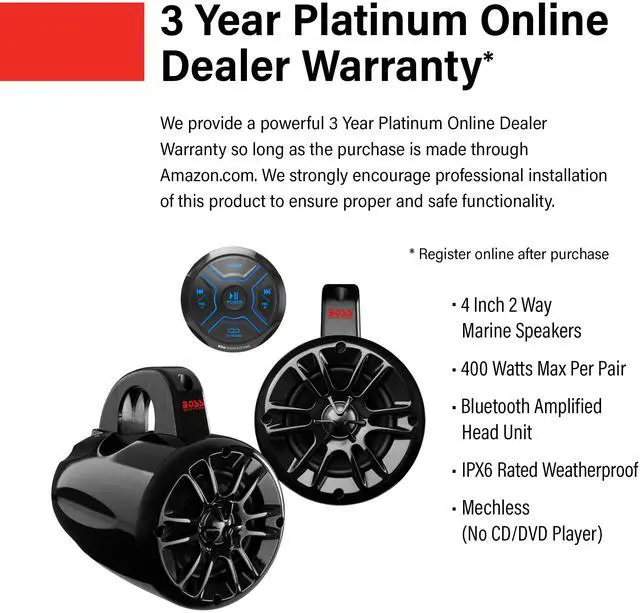 Alt view image 3 of 5 - BOSS Audio Systems MG150T.4 Marine ATV UTV Waketower Speakers Gauge Receiver (Built-in 2 CH Amplifier) Package  IPX6 Weatherproof, Bluetooth Audio, No CD, USB, Aux-in, 4 Inch Speakers, 2 Way