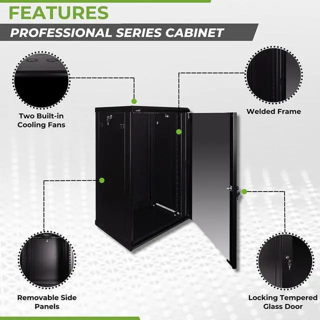 Alt view image 2 of 5 - Navepoint 18U Deluxe IT Wallmount Cabinet Enclosure 19-Inch Server Network Rack with Locking Glass Door 16-Inches Deep Black
