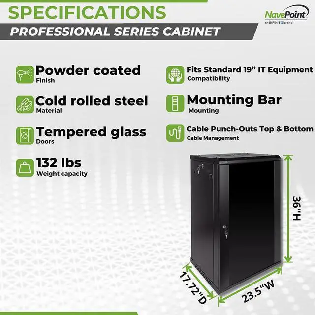 Alt view image 4 of 5 - Navepoint 18U Deluxe IT Wallmount Cabinet Enclosure 19-Inch Server Network Rack with Locking Glass Door 16-Inches Deep Black