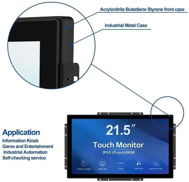 Alt view image 2 of 5 - GreenTouch 21.5 inch 10 Points Touch Front IK08/IP65 Open Frame Touch Monitor Desktop or Wall Mountable Multi Point Touch 1920x1080
