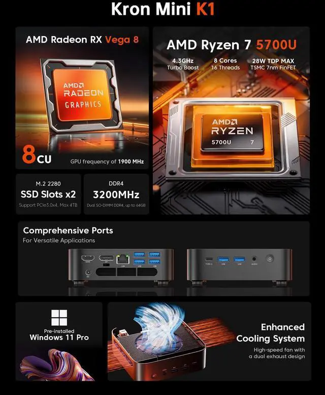 Alt view image 2 of 5 - ACEMAGICIAN K1 Mini Gaming PC Ryzen 7 5700U Mini PC 16GB DDR4 512GB SSD Mini Computers (8C/16T, up to 4.3Ghz), 4K Triple Display Mini Desktop Bluetooth/WiFi6/Office