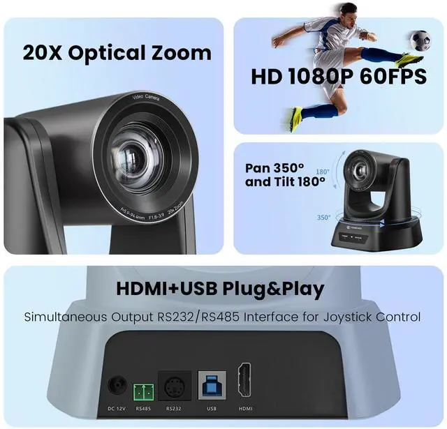 Alt view image 2 of 5 - TONGVEO HDMI 20X Optical Zoom PTZ Conference Room Camera System, 1080P 60fps USB3.0 Computer Camera with Microphone & Bluetooth Speakerphone, Easy Setup for Church & Meetings