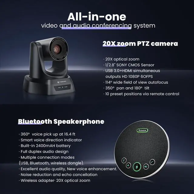 Alt view image 5 of 5 - TONGVEO HDMI 20X Optical Zoom PTZ Conference Room Camera System, 1080P 60fps USB3.0 Computer Camera with Microphone & Bluetooth Speakerphone, Easy Setup for Church & Meetings