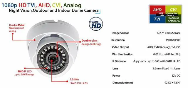 Alt view image 3 of 5 - Evertech HD 1080p TVI AHD CVI Analog (960H / CVBS) Security Dome Surveillance Camera Day Night Vision Outdoor Indoor Weatherproof Metal Housing CCTV Dome Camera