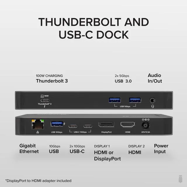 Alt view image 2 of 5 - Plugable Thunderbolt Dock, 40Gbps with 100W Laptop Charging, Compatible with macOS, Windows, Dual HDMI Docking Station with DisplayPort - Dual Monitor, 2X USB-C, 3X USB 3, Gigabit Ethernet, Audio Jack