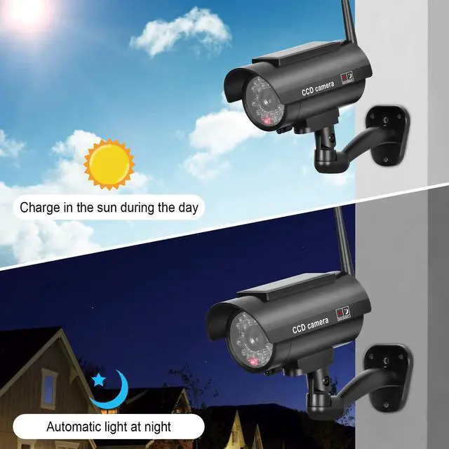 Alt view image 2 of 5 - BNT Solar Powered Fake Security Camera, Bullet Dummy Security Camera Simulated Surveillance System with Realistic Red Flashing Light Sensor and Warning Sticker for Indoor/Outdoor(2Pack, Black)