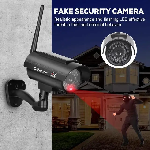 Alt view image 3 of 5 - BNT Solar Powered Fake Security Camera, Bullet Dummy Security Camera Simulated Surveillance System with Realistic Red Flashing Light Sensor and Warning Sticker for Indoor/Outdoor(2Pack, Black)