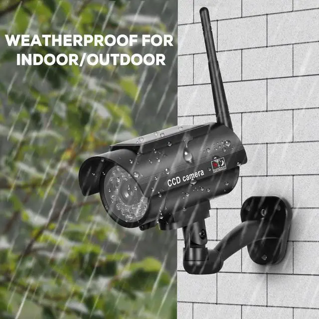 Alt view image 4 of 5 - BNT Solar Powered Fake Security Camera, Bullet Dummy Security Camera Simulated Surveillance System with Realistic Red Flashing Light Sensor and Warning Sticker for Indoor/Outdoor(2Pack, Black)