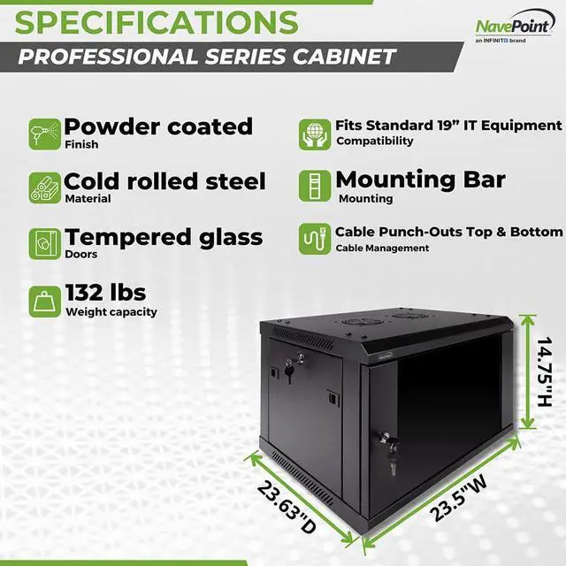 Alt view image 4 of 5 - Navepoint 6U Deluxe IT Wallmount Cabinet Enclosure 19-Inch Server Network Rack with Locking Glass Door 24-Inches Deep Black
