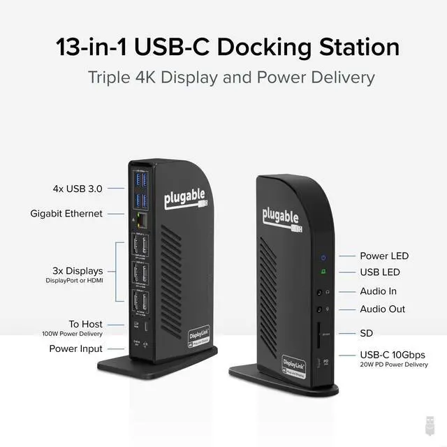 Alt view image 2 of 5 - Plugable 13-in-1 USB C Docking Station 4K Triple Monitor with 100W Power Delivery | USB C Dock for Windows, Mac, ChromeOS, Thunderbolt | Driver Required | 3X HDMI and 3X DisplayPort (UD-ULTC4K)