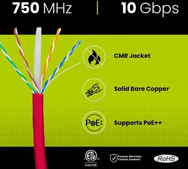 Alt view image 2 of 5 - trueCABLE Cat6A Riser (CMR), 1000ft, Red, 23AWG 4 Pair Solid Bare Copper, 750MHz, PoE++ (4PPoE), ETL Listed, Unshielded Twisted Pair (UTP), Bulk Ethernet Cable