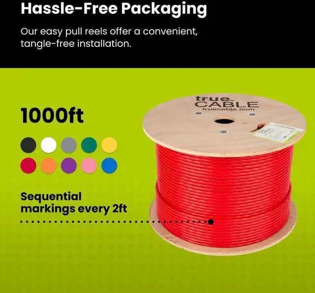 Alt view image 5 of 5 - trueCABLE Cat6A Riser (CMR), 1000ft, Red, 23AWG 4 Pair Solid Bare Copper, 750MHz, PoE++ (4PPoE), ETL Listed, Unshielded Twisted Pair (UTP), Bulk Ethernet Cable