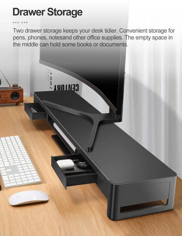 Alt view image 2 of 5 - meatanty Dual Monitor Stand Riser with 2 Storage Drawers, Metal Computer Monitor Stand Monitor Shelf with Pull Out Drawer, Keyboard and Mouse Storage Desktop Organizer for PC,Laptop,iMac,TV,Printer