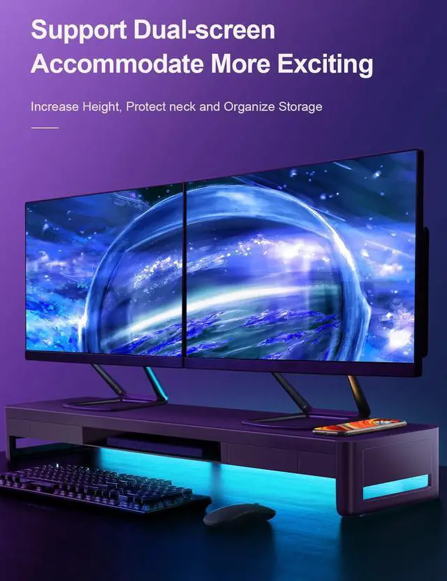 Alt view image 5 of 5 - meatanty Dual Monitor Stand Riser with 2 Storage Drawers, Metal Computer Monitor Stand Monitor Shelf with Pull Out Drawer, Keyboard and Mouse Storage Desktop Organizer for PC,Laptop,iMac,TV,Printer