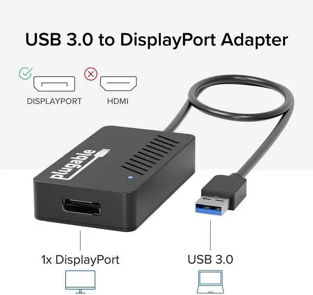 Alt view image 2 of 5 - Plugable USB 3.0 to DisplayPort 4K DisplayLink Video Graphics Adapter for Multiple Monitors up to 3840x2160 Supports Windows, Mac, and ChromeOS