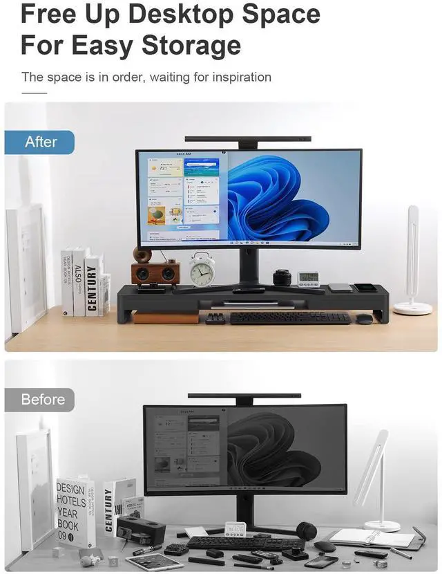 Alt view image 3 of 5 - meatanty Dual Monitor Stand Riser with 2 Storage Drawers, Metal Computer Monitor Stand Monitor Shelf with Pull Out Drawer, Keyboard and Mouse Storage Desktop Organizer for PC,Laptop,iMac,TV,Printer