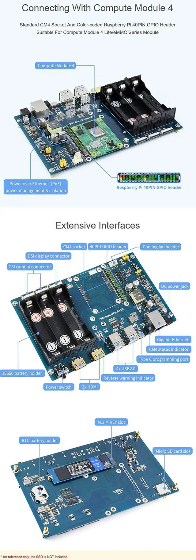 Alt view image 4 of 5 - Mini-Computer PoE UPS Uninterruptible Power Supply Base Board Designed for Raspberry Pi Compute Module 4 with Gigabit Ethernet Dual HDMI Quad USB2.0 @XYGStudy (CM4-POE-UPS-BOX)