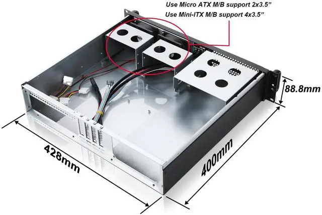 Alt view image 4 of 5 - RackChoice 2U Micro ATX Compact Rackmount 2 x 5.25 Chassis Support ATX PC PS2 PSU with Side 80mm Fan