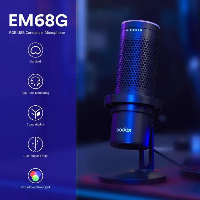Alt view image 2 of 5 - GODOX EM68G RGB USB Condenser Microphone, Professional USB Microphone Kit with Foldable Table Stand & Headphone Output, Volume Control, USB Type C with iOS, PC and Mac for Recording, Gaming, YouTube