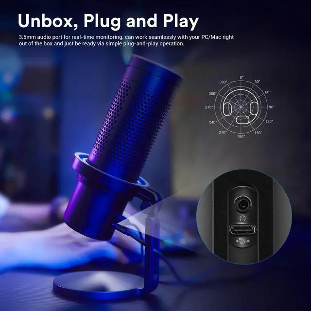Alt view image 5 of 5 - GODOX EM68G RGB USB Condenser Microphone, Professional USB Microphone Kit with Foldable Table Stand & Headphone Output, Volume Control, USB Type C with iOS, PC and Mac for Recording, Gaming, YouTube