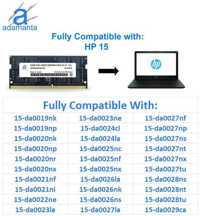 Alt view image 3 of 5 - Adamanta 16GB (1x16GB) Compatible for HP 15 Laptop Notebook DDR4 2400Mhz PC4-19200 SODIMM 2Rx8 CL17 1.2v RAM Memory Upgrade P/N: 865396-850