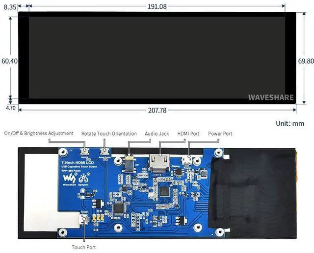 Alt view image 3 of 5 - waveshare 7.9inch Capacitive Touch Screen LCD Compatible with Raspberry Pi 5/4B/3B+/3A+/2B/B+/A+/Zero/Zero W/WH/Zero 2W CM3+/4 400×1280 Resolution HDMI IPS Supports Jetson Nano/Windows