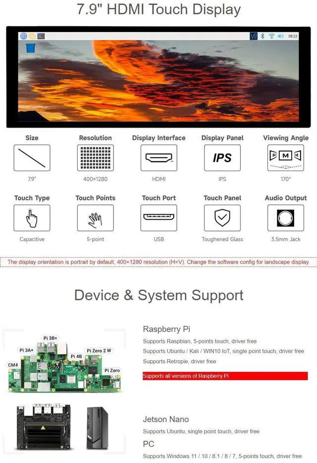 Alt view image 4 of 5 - waveshare 7.9inch Capacitive Touch Screen LCD Compatible with Raspberry Pi 5/4B/3B+/3A+/2B/B+/A+/Zero/Zero W/WH/Zero 2W CM3+/4 400×1280 Resolution HDMI IPS Supports Jetson Nano/Windows