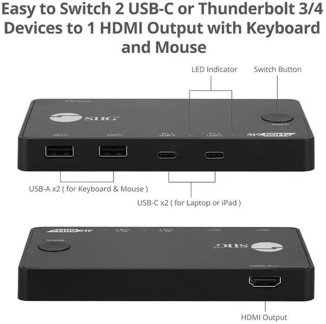 Alt view image 3 of 5 - SIIG 2 Port USB-C KVM Switch - 2 Computers to 1 Monitor - 2X USB-A + 2X USB-C - Single 4K 60Hz HDMI, USB-C Bus Powered, Button Control, Thunderbolt 3 Compatible (CE-KV0B11-S1)