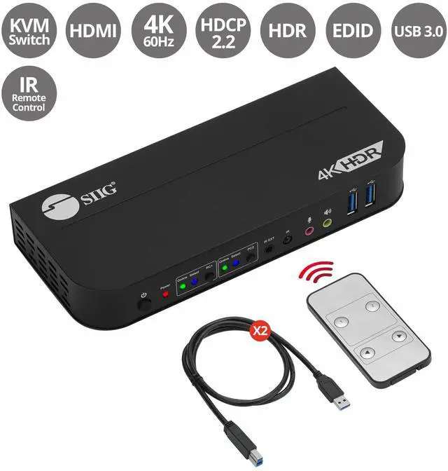 Alt view image 2 of 5 - SIIG 2-Port 4K KVM Switch HDMI with Remote Control, 1x HDMI Output, 2X USB 3.2 Type-A Ports, EDID Bypass, Compatible with Windows and Mac (CE-KV0E11-S1)